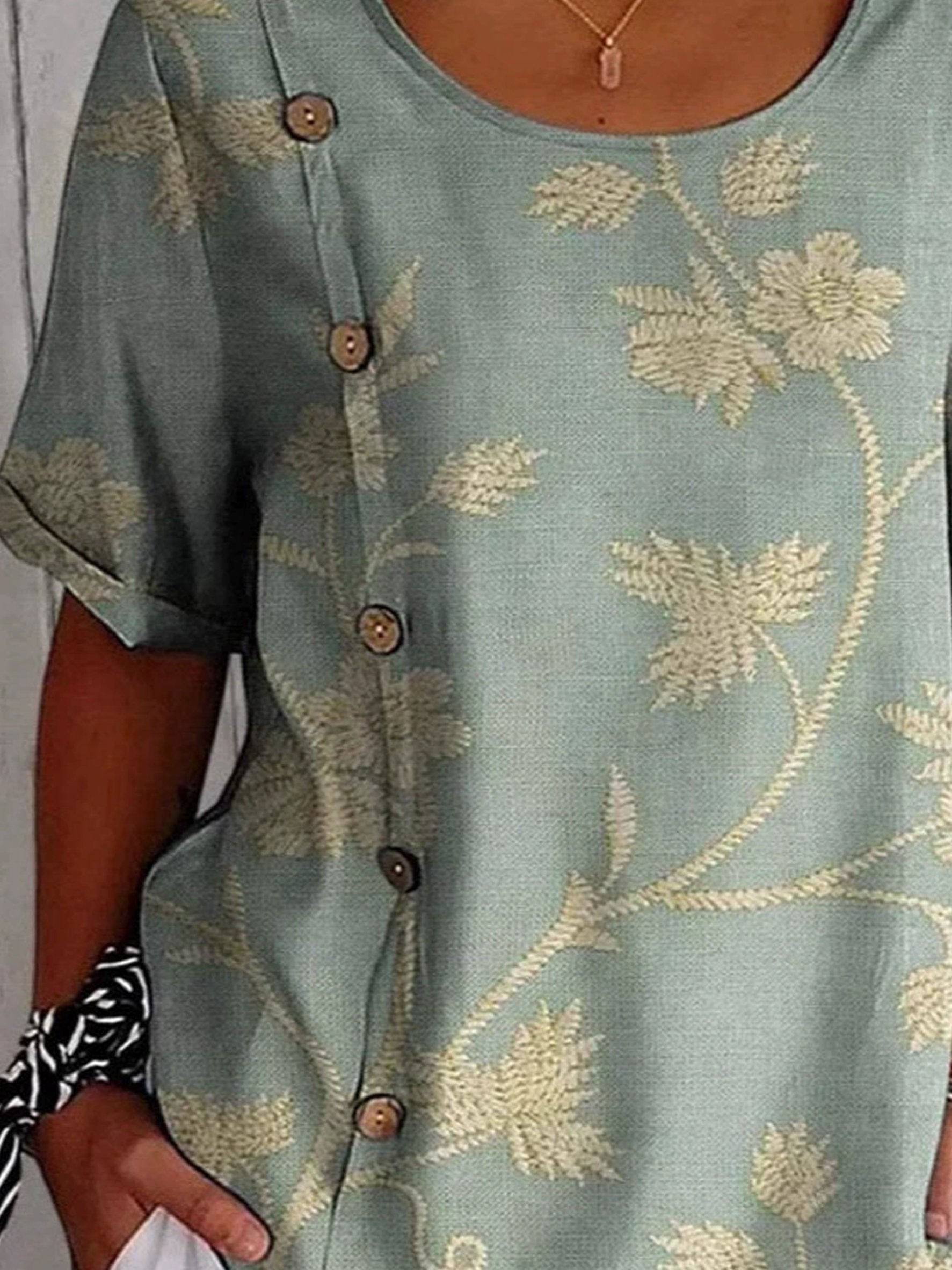 Vintage Floral Round Neck Short Sleeve Button Summer Going Out Casual Top