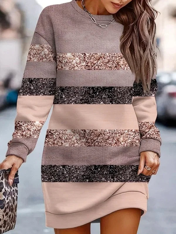 Women's Long Sleeve Spring/Fall Khaki Color Block Split Joint Crew Neck Daily Going Out Vintage Mini A-Line Hip Skirt Dress