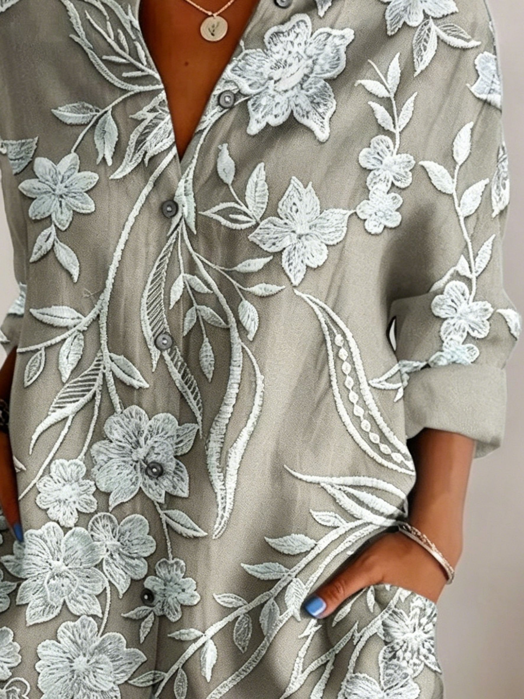 Vintage Botanical Print Shawl Collar Casual Shirt