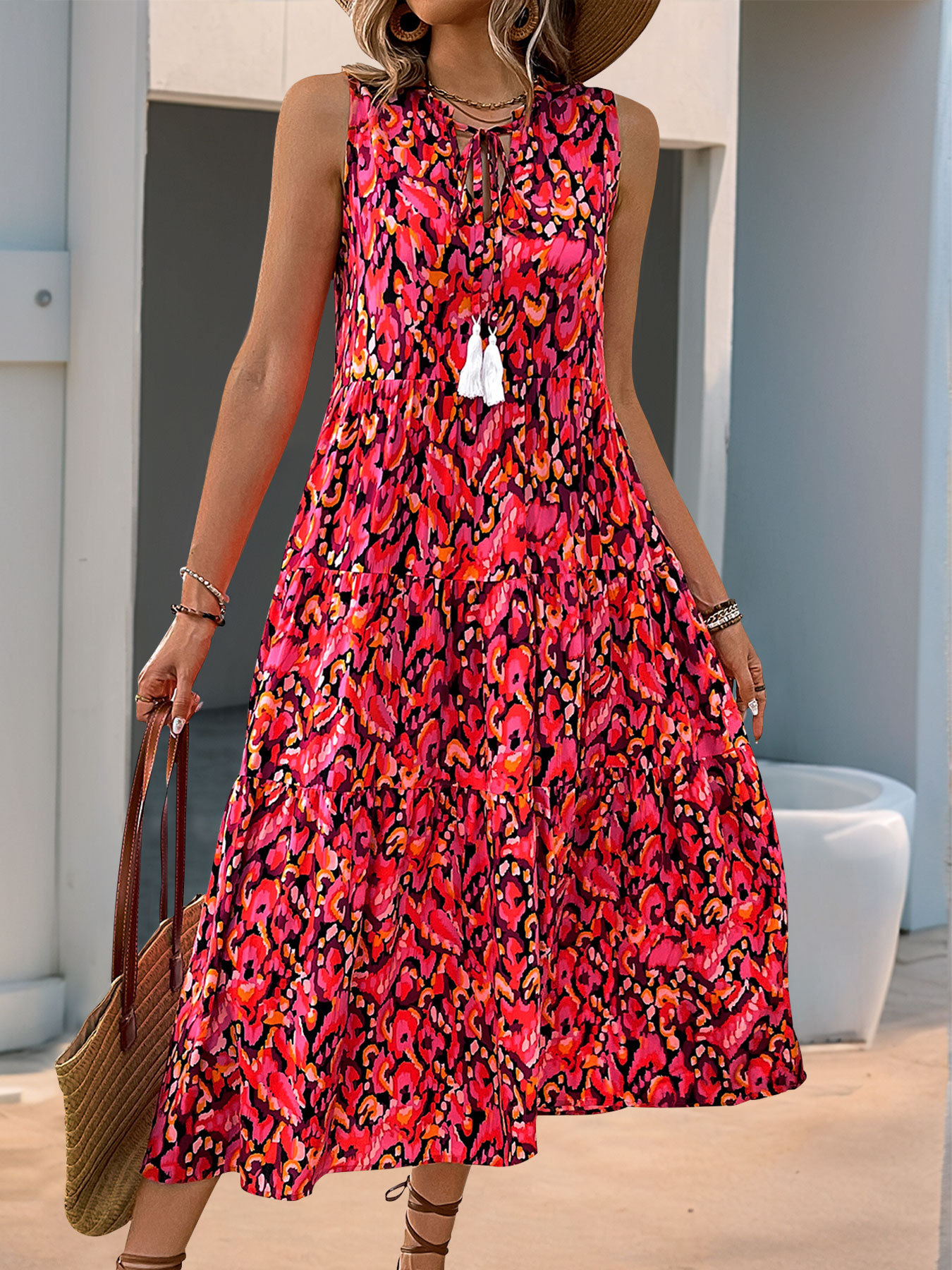 Ethnic Geometry Casual Viscose V Neck Sleeveless Vacation Summer Elegant Maxi Dress