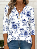 Elegant Long Sleeve V Neck Button Going Out Casual T-Shirt