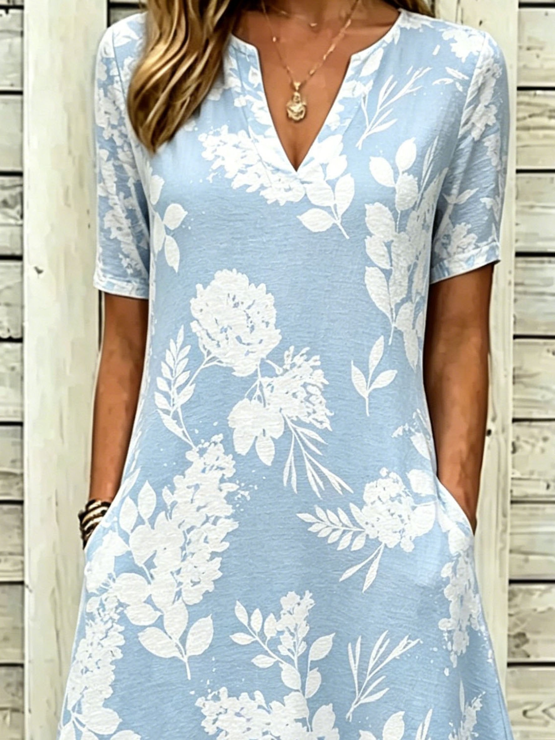 Elegant Blue Floral Print V Neck Short Sleeve Casual Maxi Dress