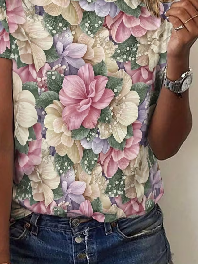 Women's Short Sleeve T-shirt Summer As Picture Floral Printing Jersey Crew Neck Daily Going Out Casual Top