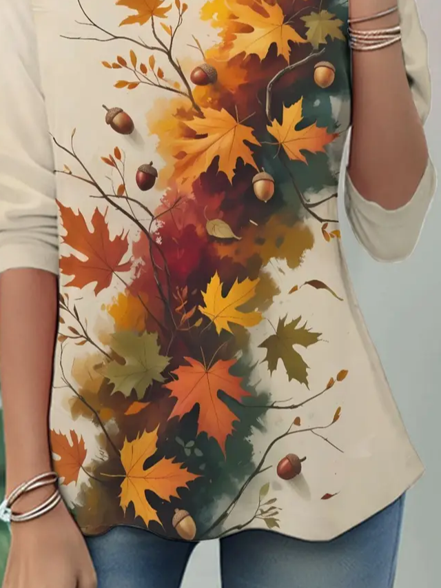 Women's Long Sleeve T-shirt Spring/Fall Apricot Maple Leaf Jersey Crew Neck Daily Going Out Casual Tunic Top