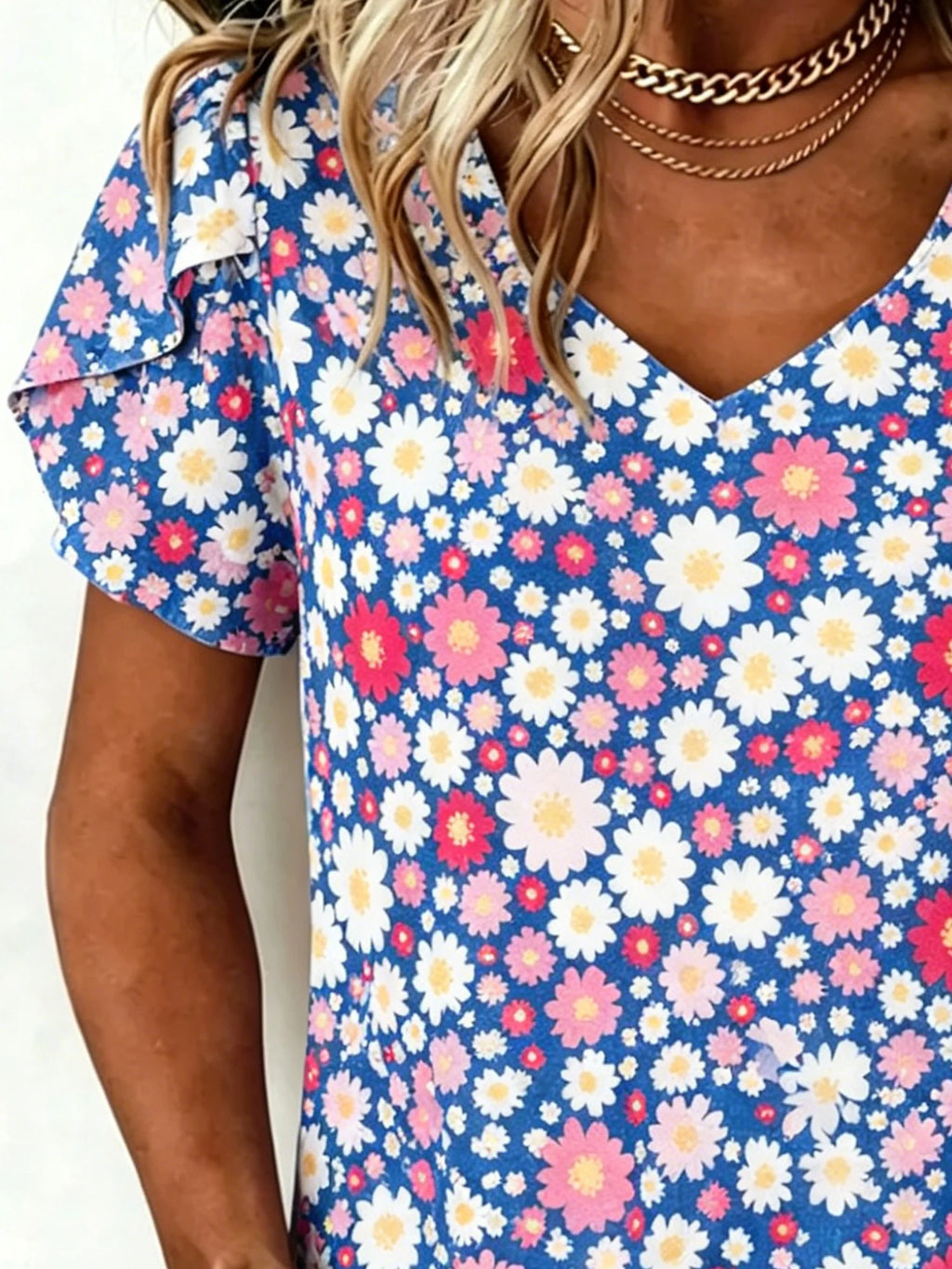 Loose Daisy Floral Cotton-Blend Ruffle Short Sleeve V Neck Summer Daily Going Out Casual Top