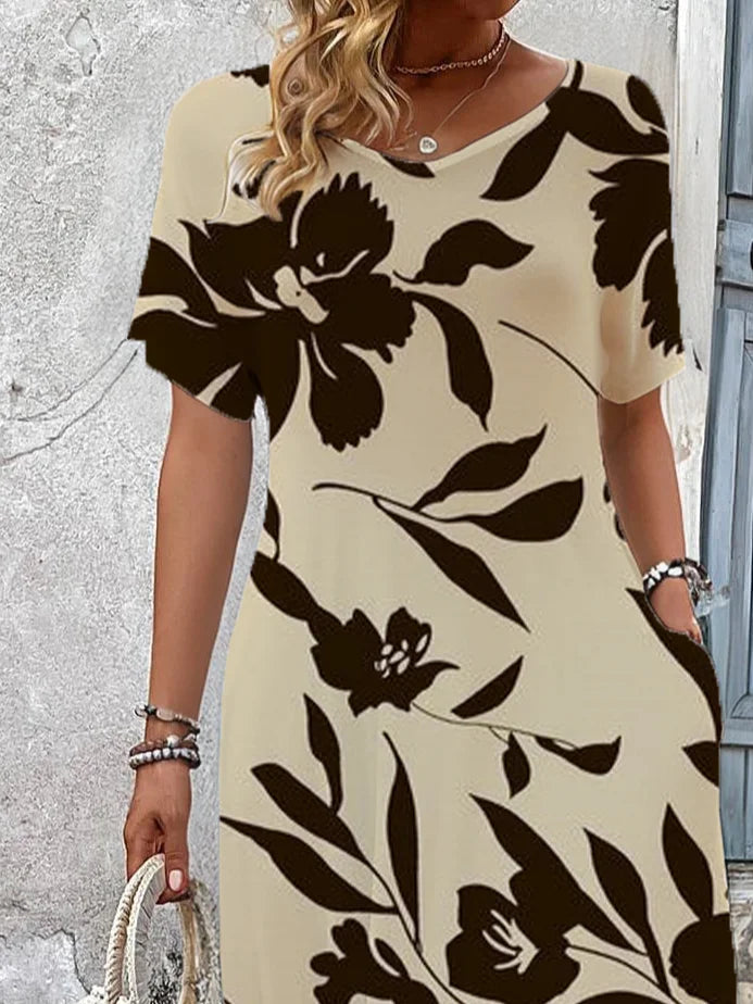 Women's Short Sleeve Summer As Picture Floral Printing V Neck Daily Going Out Casual Maxi H-Line T-Shirt Dress Dress