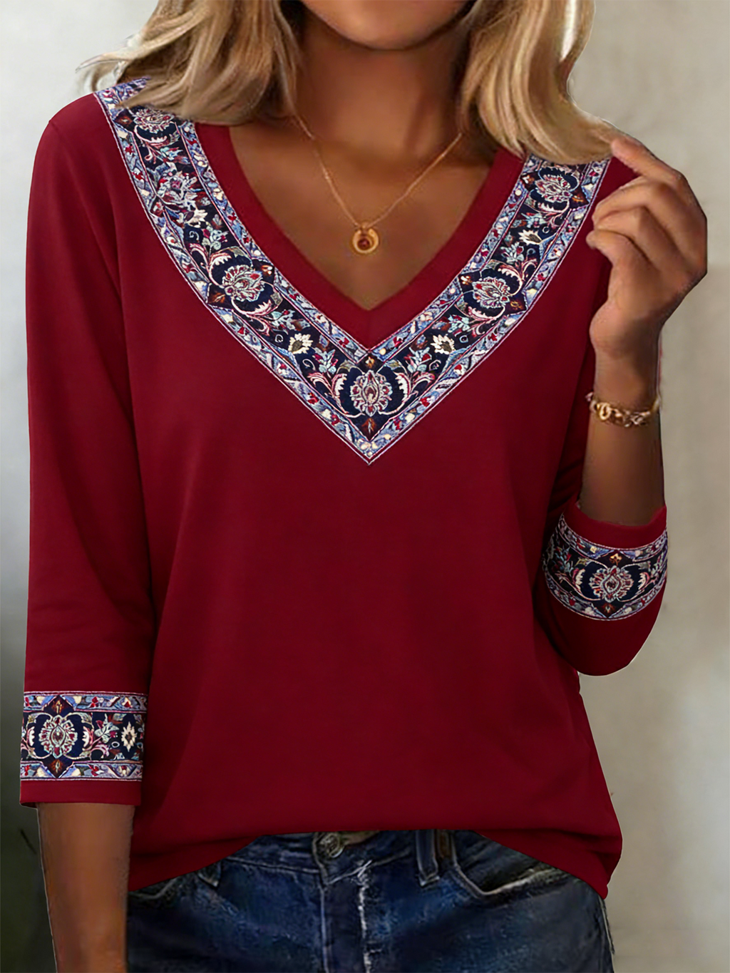 Cotton-Blend Casual V Neck T-Shirt