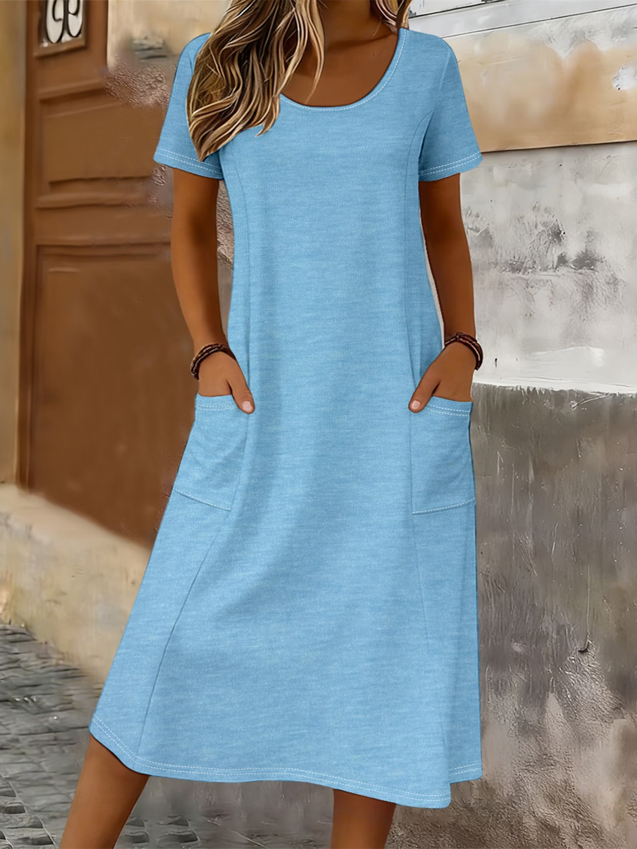 Women's Short Sleeve Summer Blue Plain Pocket Stitching Crew Neck Daily Going Out Casual Maxi H-Line T-Shirt Dress Dress