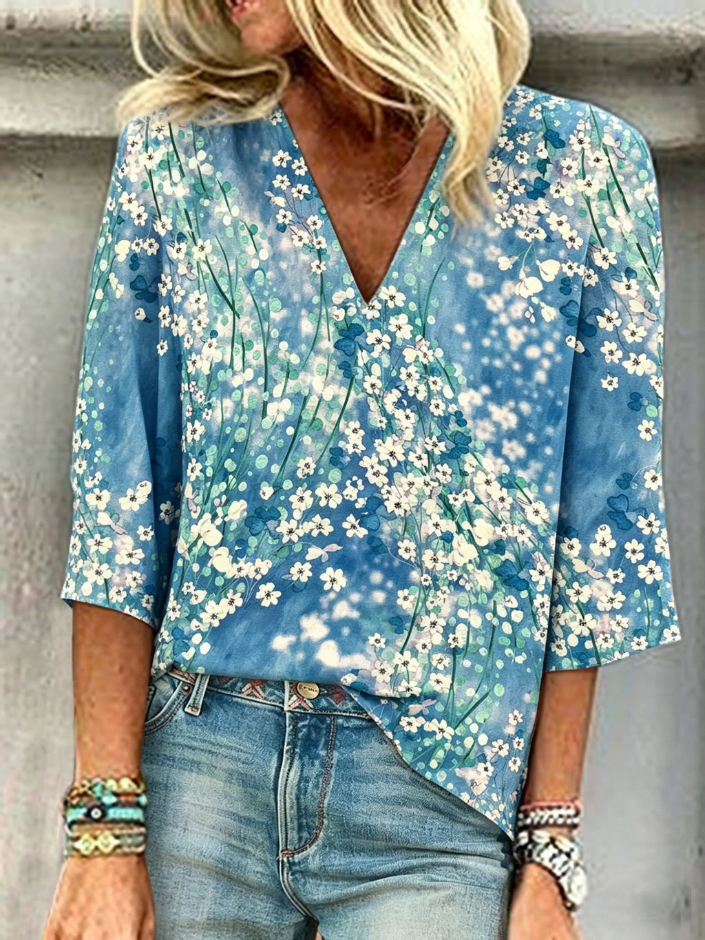 Abstract Floral Print V Neck Short Sleeve Casual Top