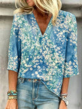 Abstract Floral Print V Neck Short Sleeve Casual Top