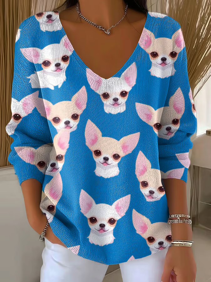 Women's Chihuahuas Print Knitted Top