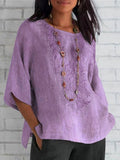 Women's Short Sleeve Shirt Summer Purple Plain Printed Cotton Crew Neck Daily Casual Top