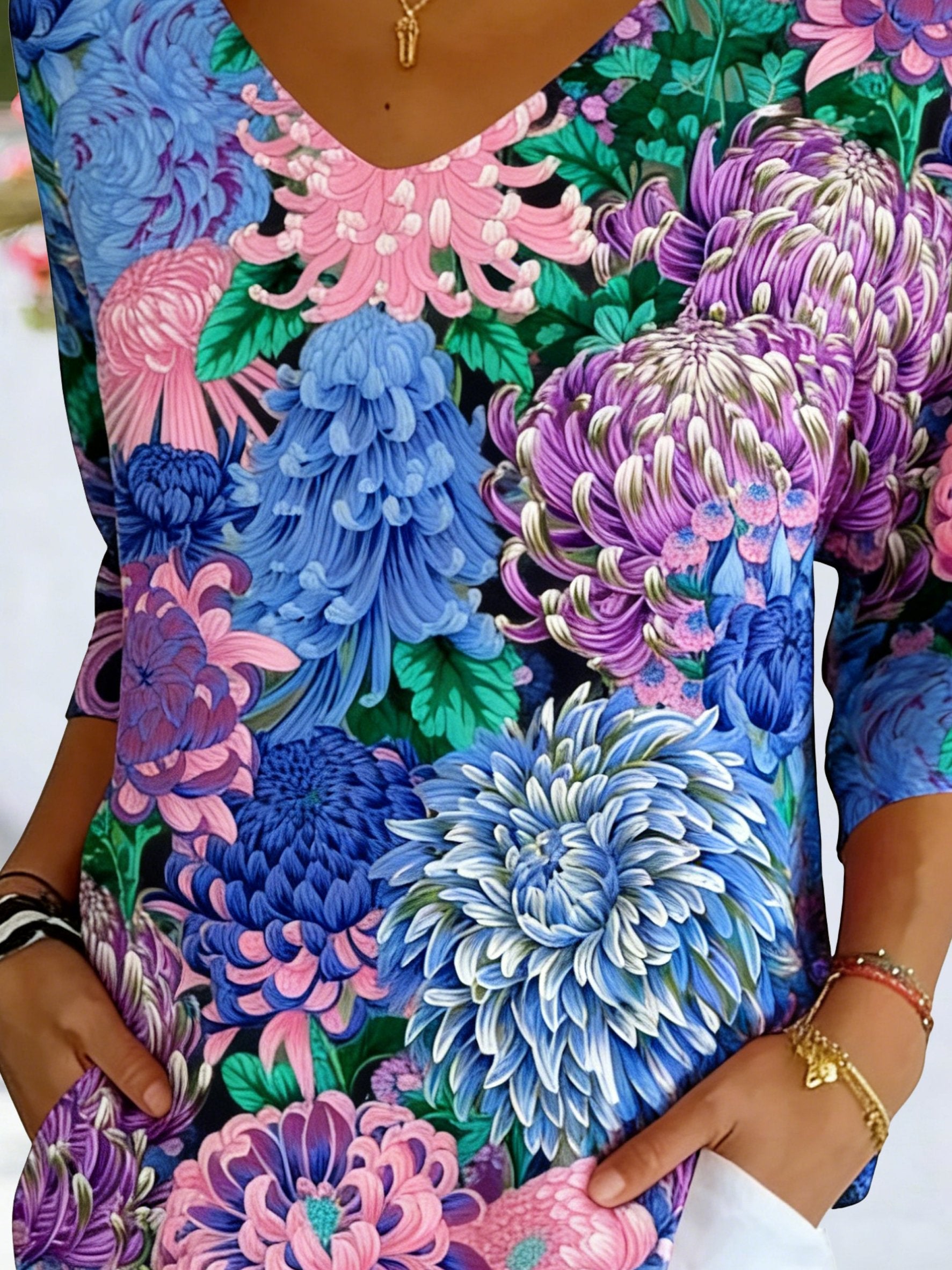 Women's Three Quarter Sleeve T-shirt Spring/Fall Purple Floral Printing V Neck Daily Going Out Casual Top