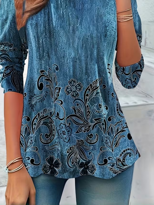 Women's Long Sleeve T-shirt Spring/Fall Blue Floral Jersey Crew Neck Daily Going Out Casual Top