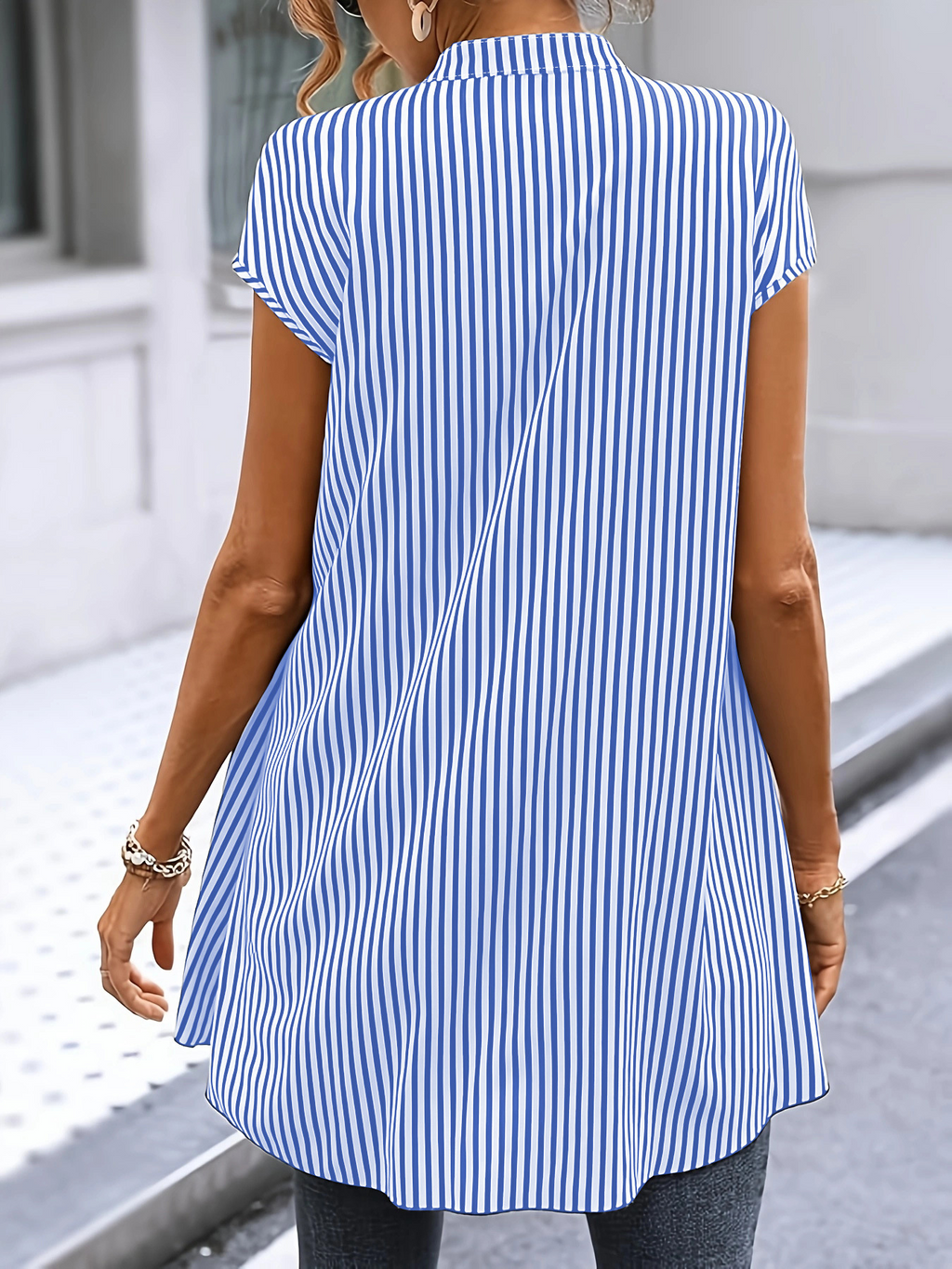 Striped Elegant Fake 2in 1 Stand Collar Short Sleeve Casual Shirt
