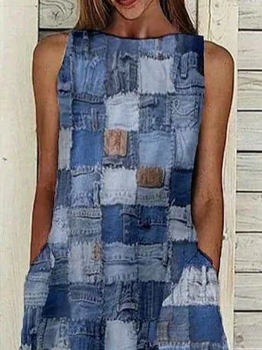 Women's Sleeveless Summer Blue Plaid Printing Crew Neck Daily Going Out Casual Maxi H-Line Fit & Flare Dress Dress