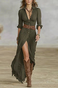 Regular Fit Plain Shawl Collar Casual Shirt Dress With No