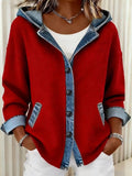 Plain Color Block Denim Casual Loose Long Sleeve Button Cardigan with hooded Going Out Casual Hoodie