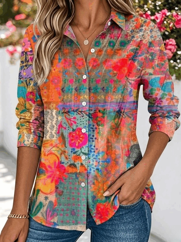 Vintage Floral Buttoned Shirt Collar Shirt