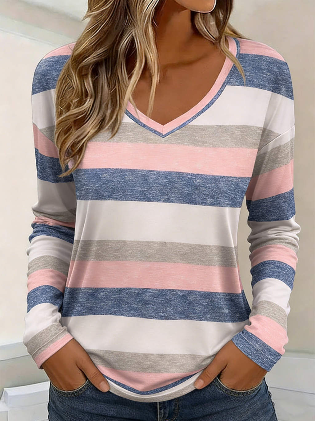 Loose Striped V Neck Casual T-Shirt