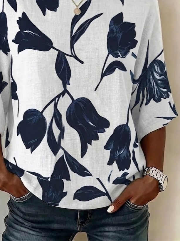 Women's Half Sleeve Blouse Summer White Floral Printing Crew Neck Daily Going Out Vintage Top