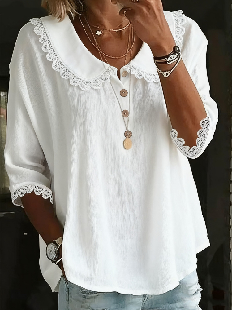 Casual Plain Short Sleeve Round Neck Button Lace Trim Summer Going Out Casual Blouse