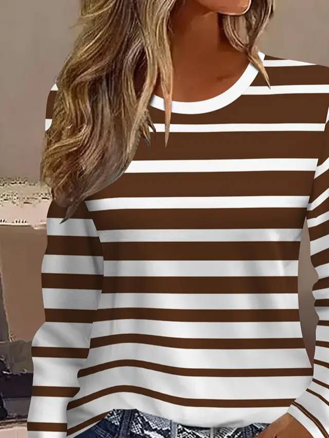 Women's Long Sleeve T-shirt Spring/Fall Brown Striped Printing Jersey Crew Neck Daily Going Out Casual Top