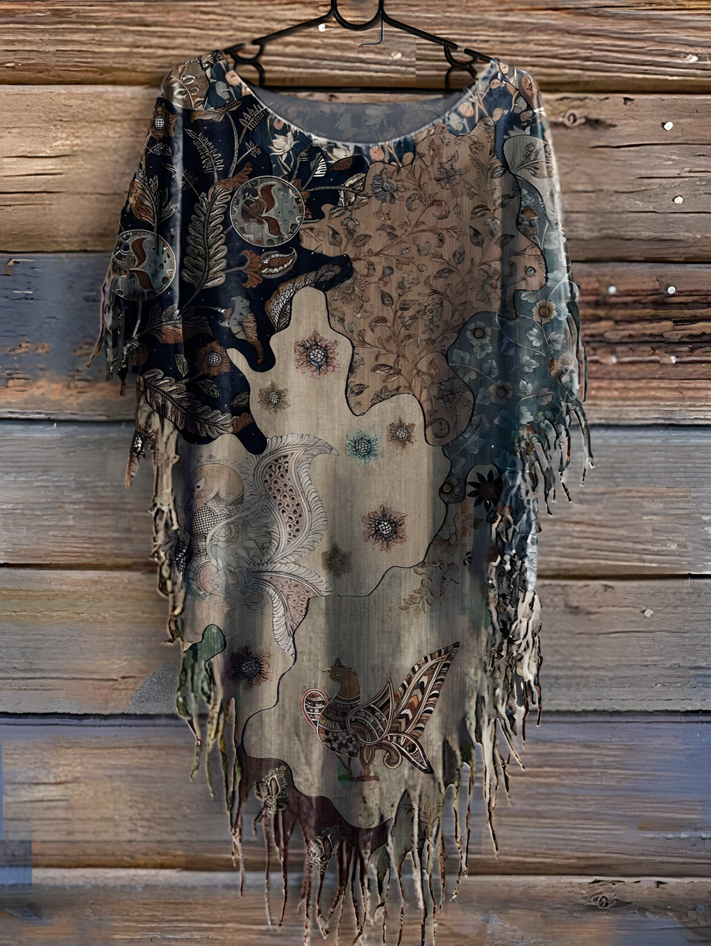 Women's Retro Floral Print Punk Hippie Batwing Tussle Fringes Poncho T-Shirt