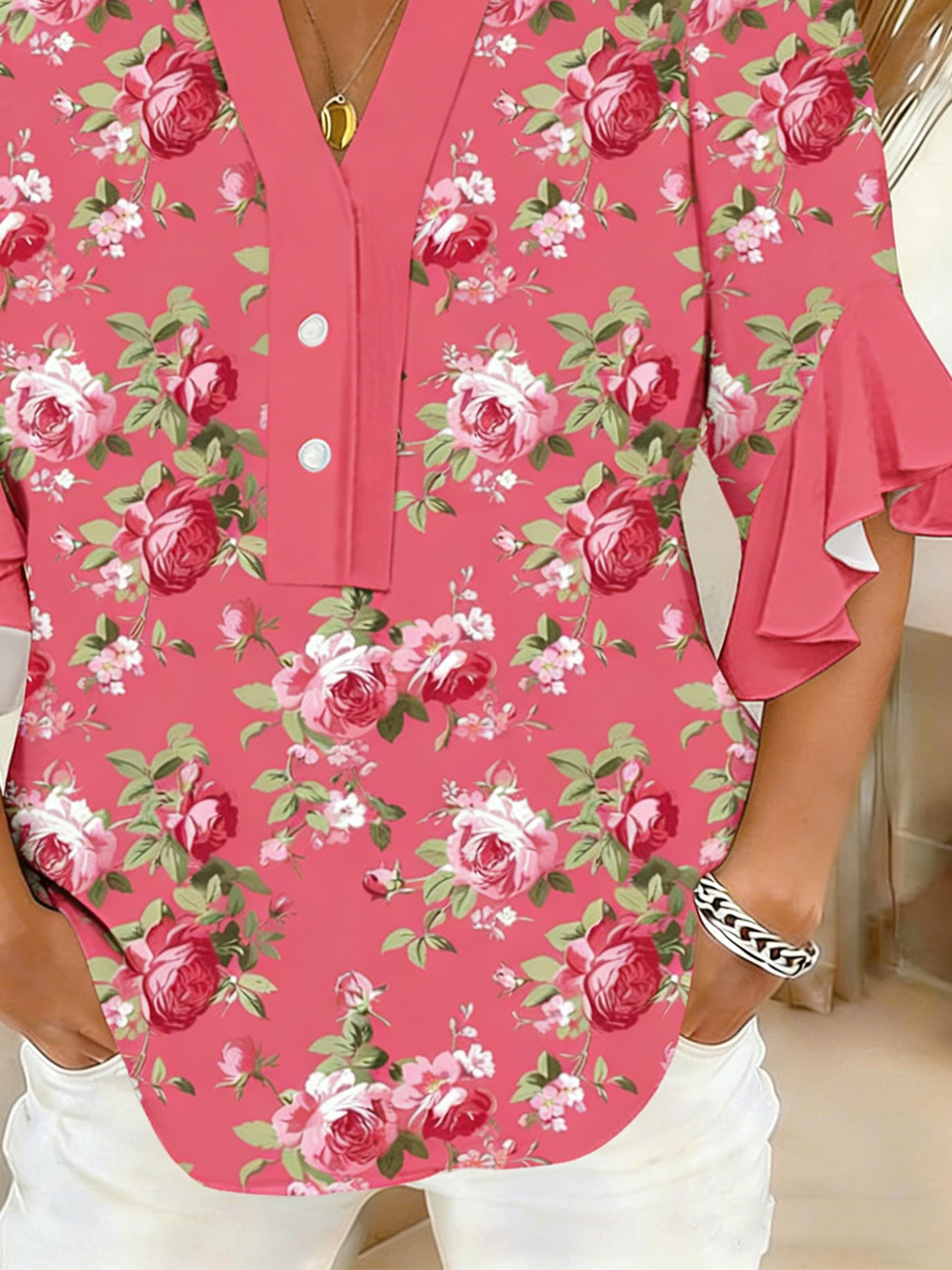 V Neck Vintage Loose Botanical Pattern Shirt