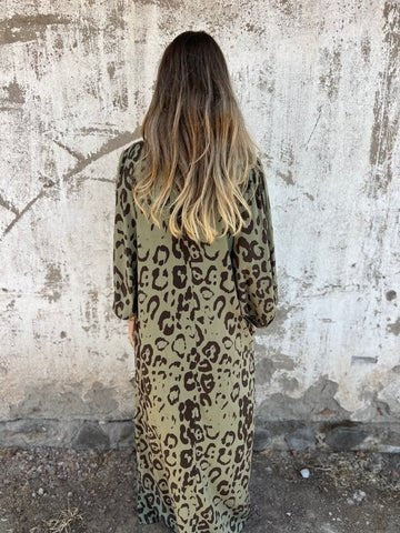 Women's Long Sleeve Spring/Fall Army Green Floral Split Joint V Neck Balloon Sleeve Daily Going Out Vintage Maxi A-Line T-Shirt Dress Dress