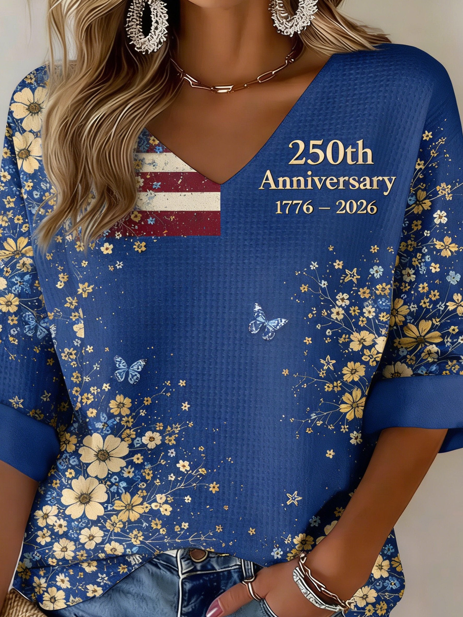 3D Printing V Neck America Flag Floral 250th Anniversary Spring Summer Casual T-Shirt