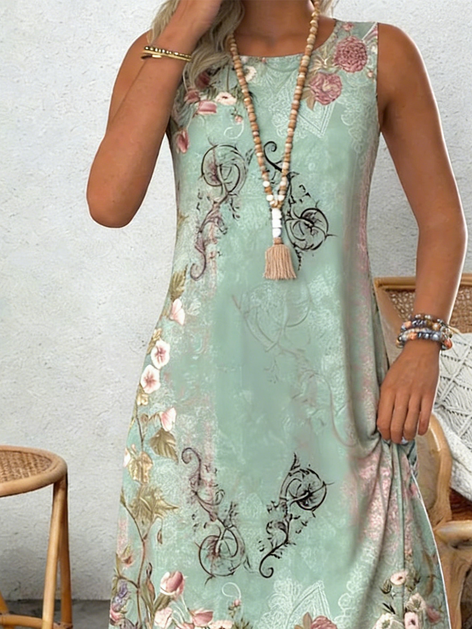 Cotton Casual Loose Crew Neck Dress With No