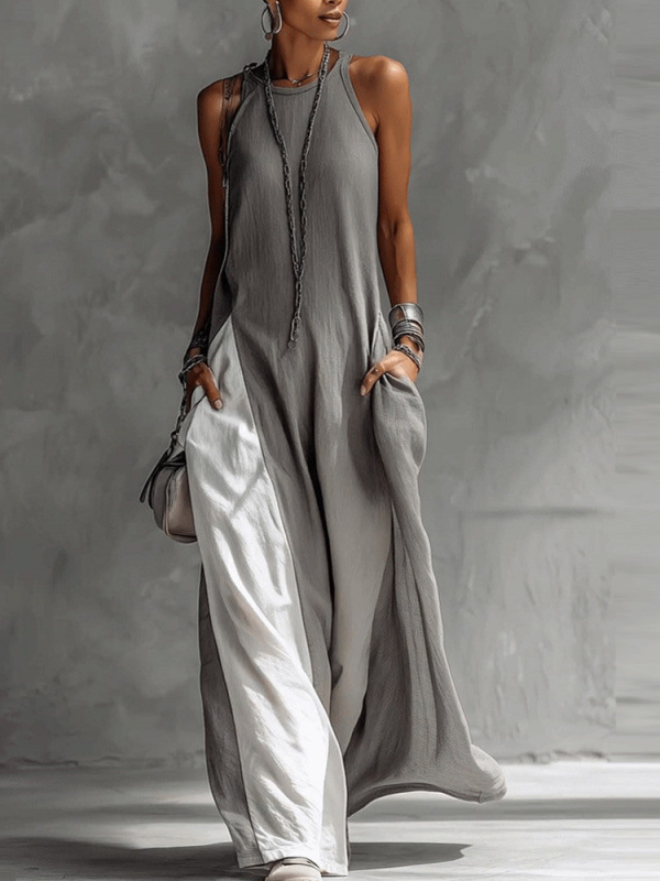 Casual Color Block Crew Neck Maxi Dress