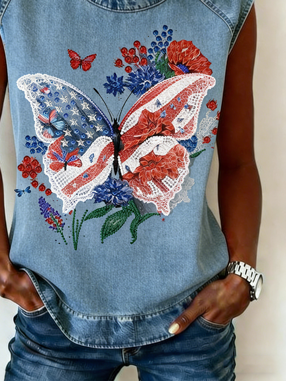 Loose Crew Neck Independence Day Vintage Tank Top