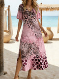 Women's Short Sleeve Summer As Picture Leopard Printed V Neck Short Sleeve Daily Going Out Casual Maxi A-Line T-Shirt Dress