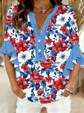 Botanical Pattern V Neck Loose Simple Shirt