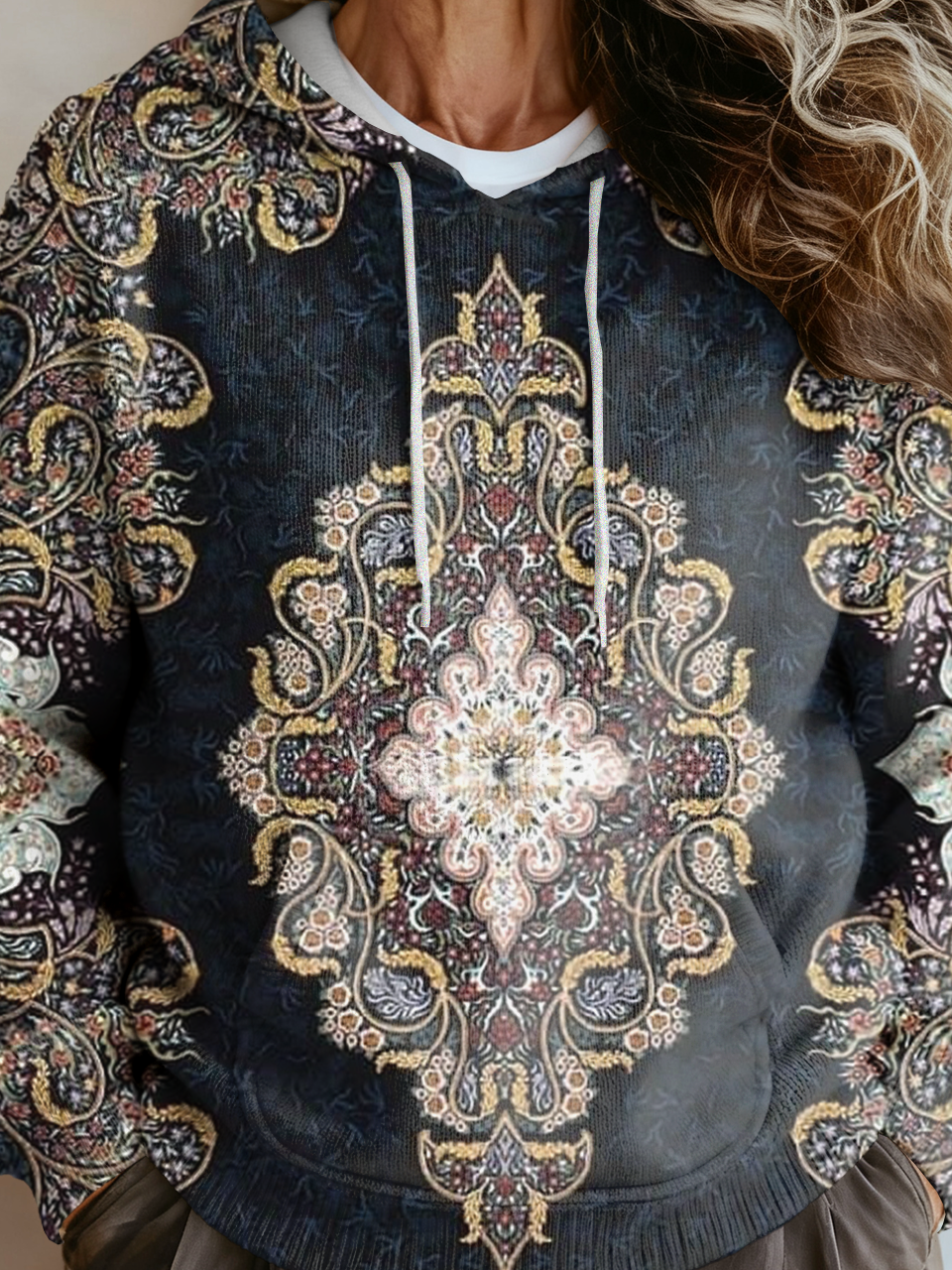 Women Ethnic Hoodie Daily Loose Long Sleeve H-Line Sweatshirt