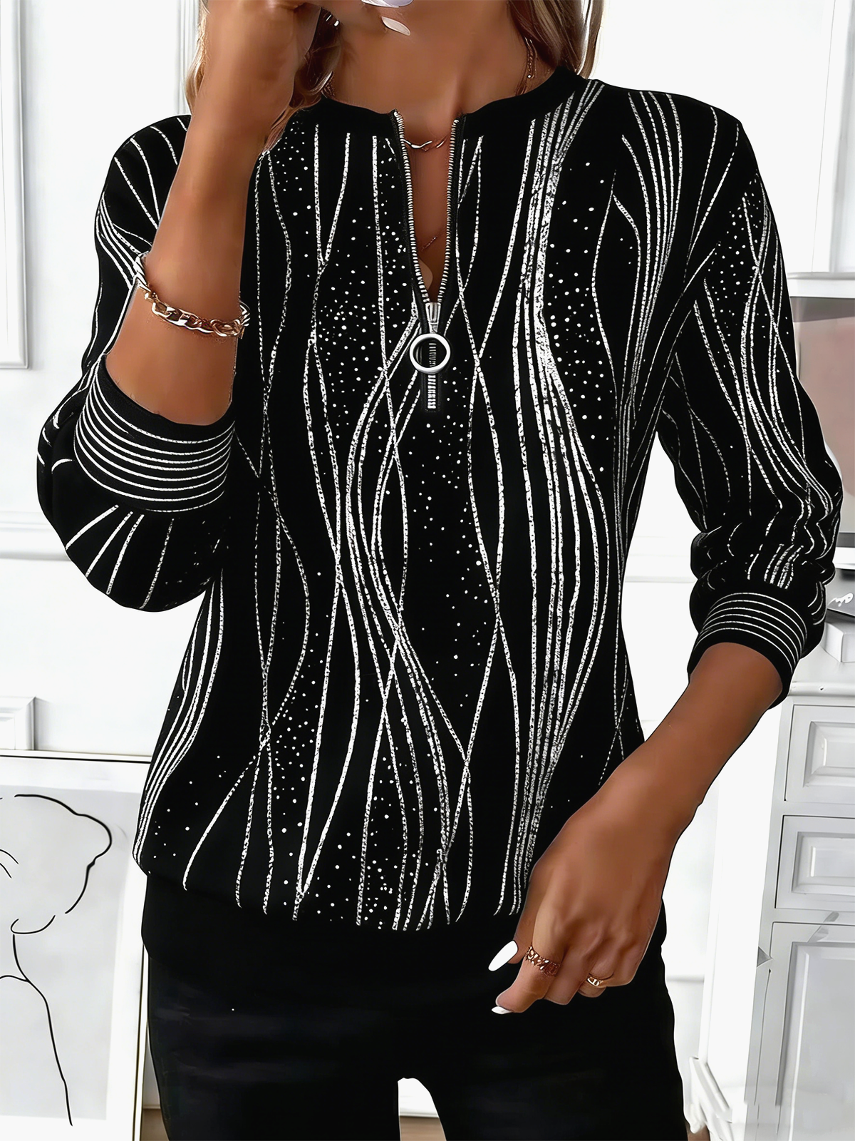 Loose Crew Neck Geometric Vintage Sweatshirt