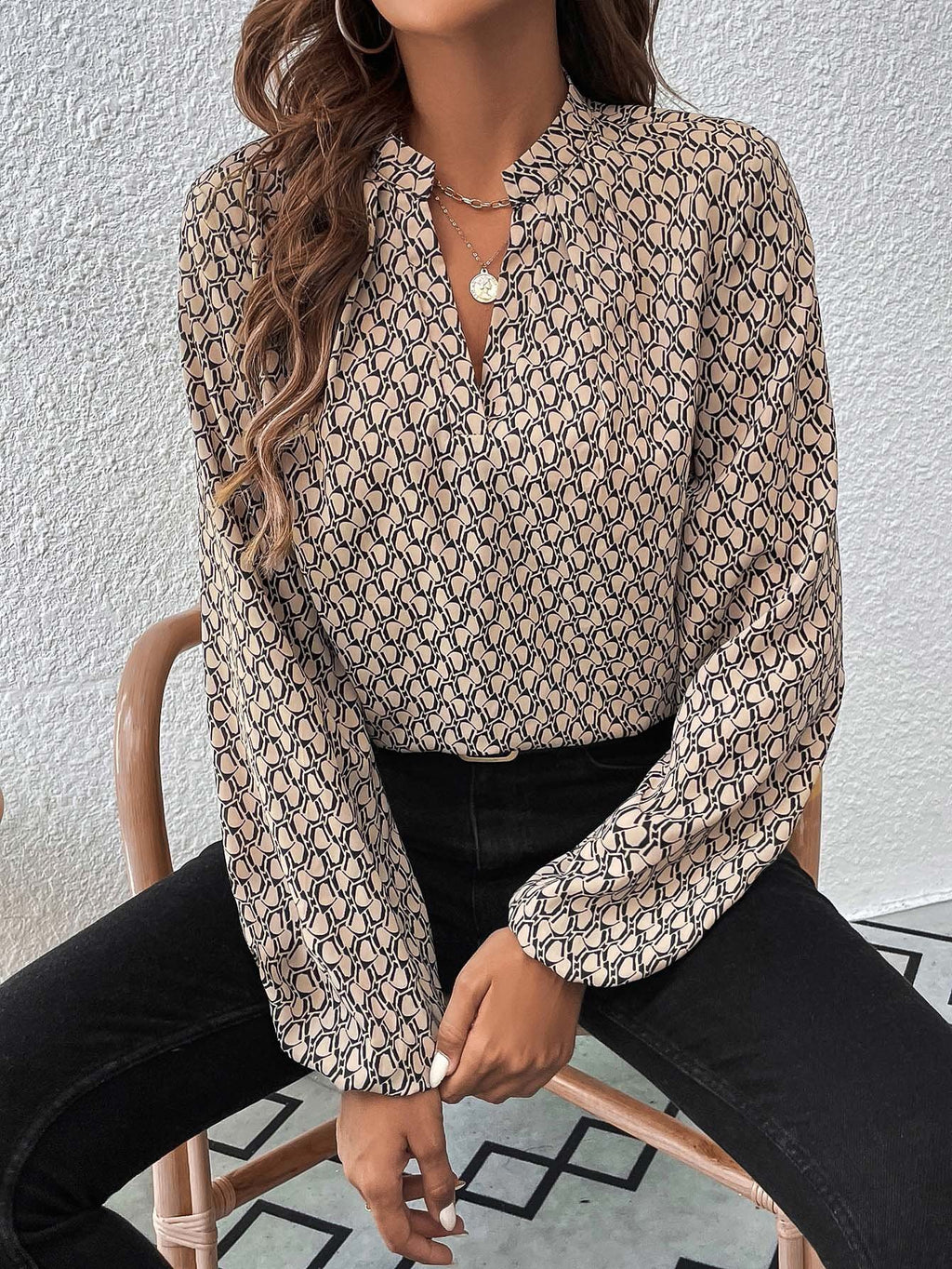 Women's Long Sleeve Shirt Spring/Fall Green Geometric Split Joint V Neck Balloon Sleeve Daily Going Out Casual Top