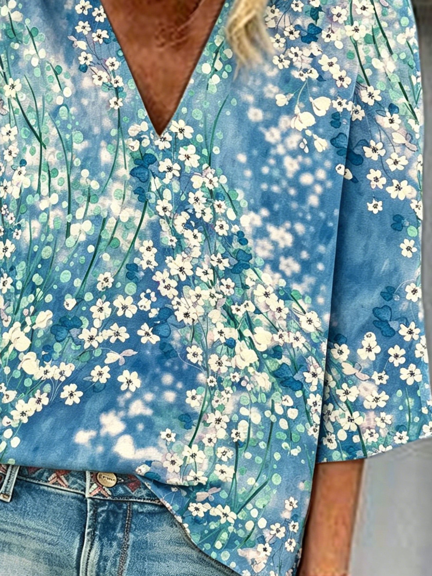 Abstract Floral Print V Neck Short Sleeve Casual Top