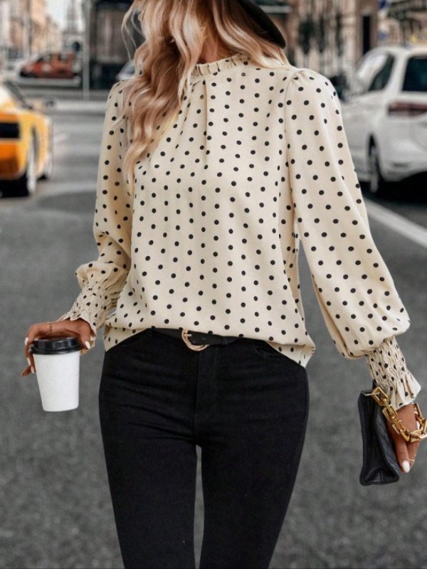 Women's Long Sleeve Shirt Spring/Fall Apricot Polka Dots Split Joint Lotus Leaf Collar Petal Sleeve Daily Going Out Casual Top