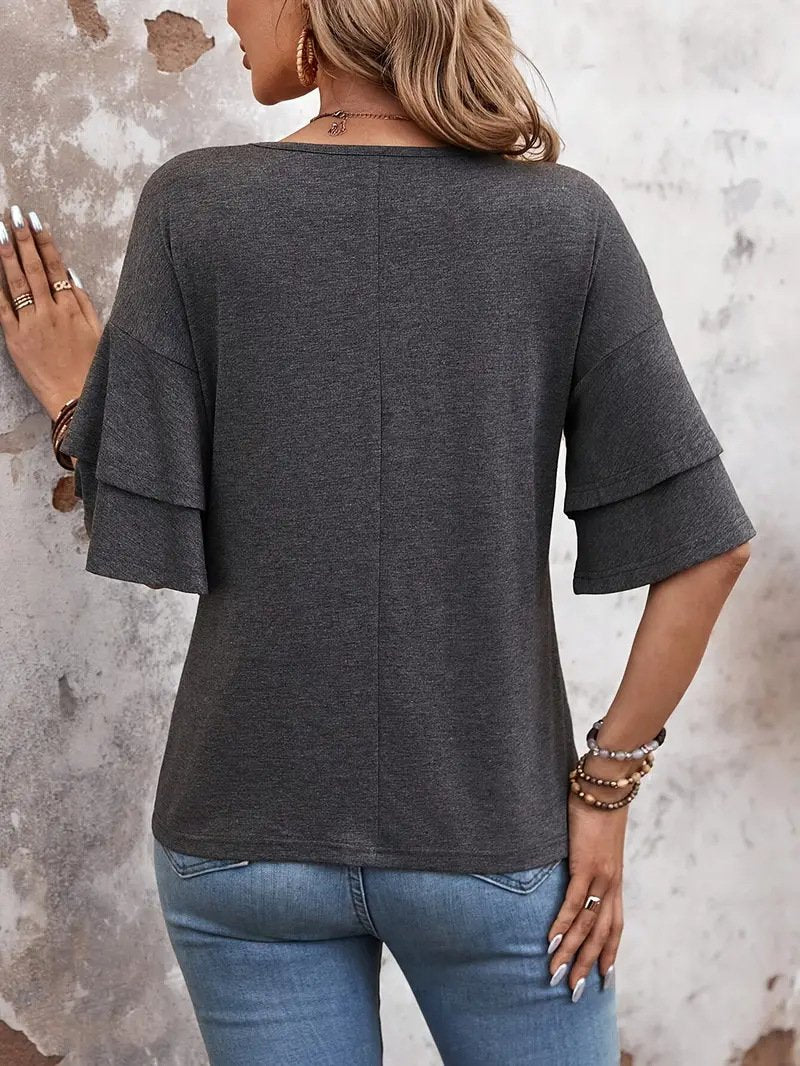 Ruffle Sleeve Elegant Loose Cotton Plain T-Shirt