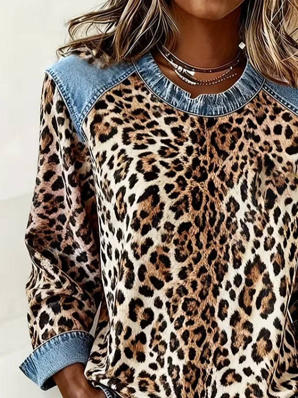 Women's Leopard Print Print Patchwork Denim Crewneck Long-Sleeved Sweatshirt