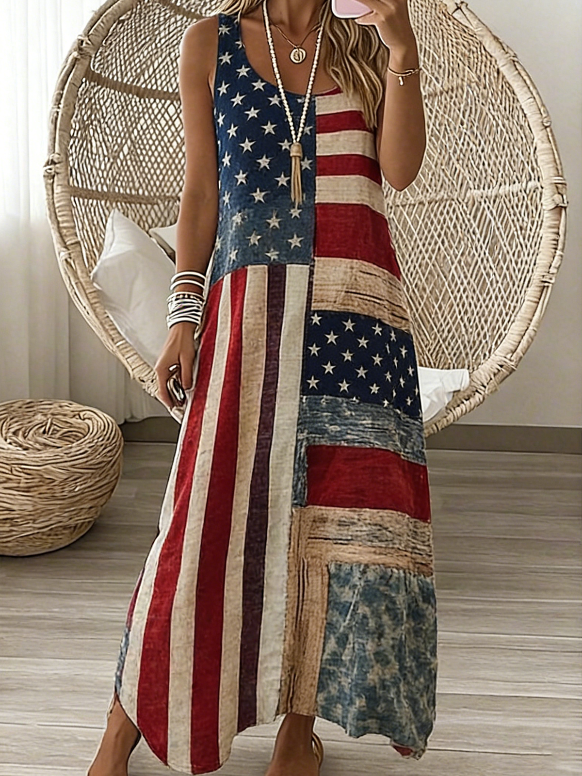 Independence Day Loose Vintage V Neck Dress With No