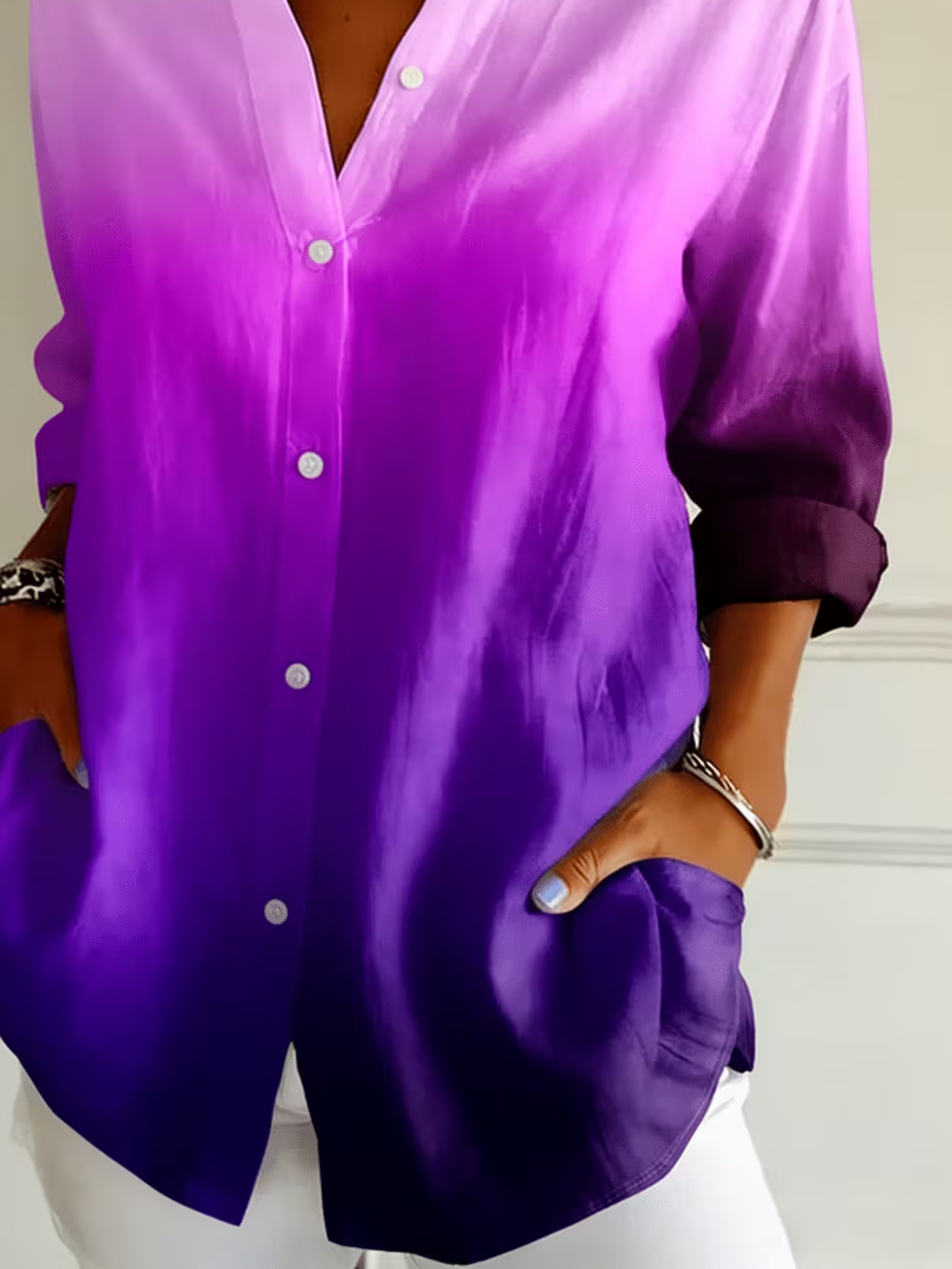 Women's Long Sleeve Shirt Spring/Fall Purple Ombre Buckle Shirt Collar Regular Sleeve Daily Going Out Casual Top