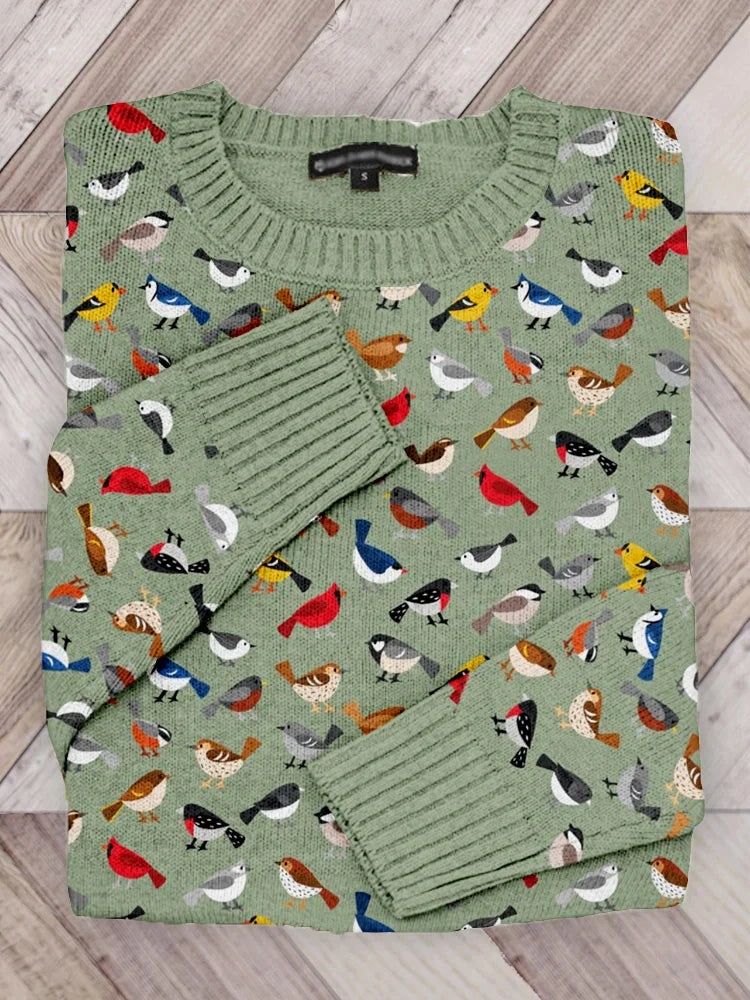 Cute bird round neck knitted sweater