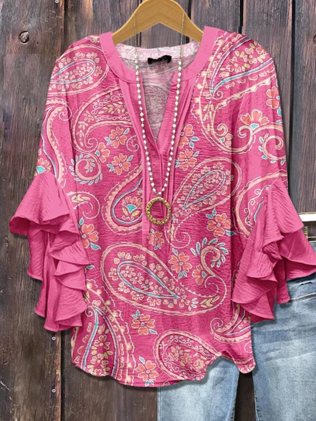 V Neck Vacation Cotton Blouse