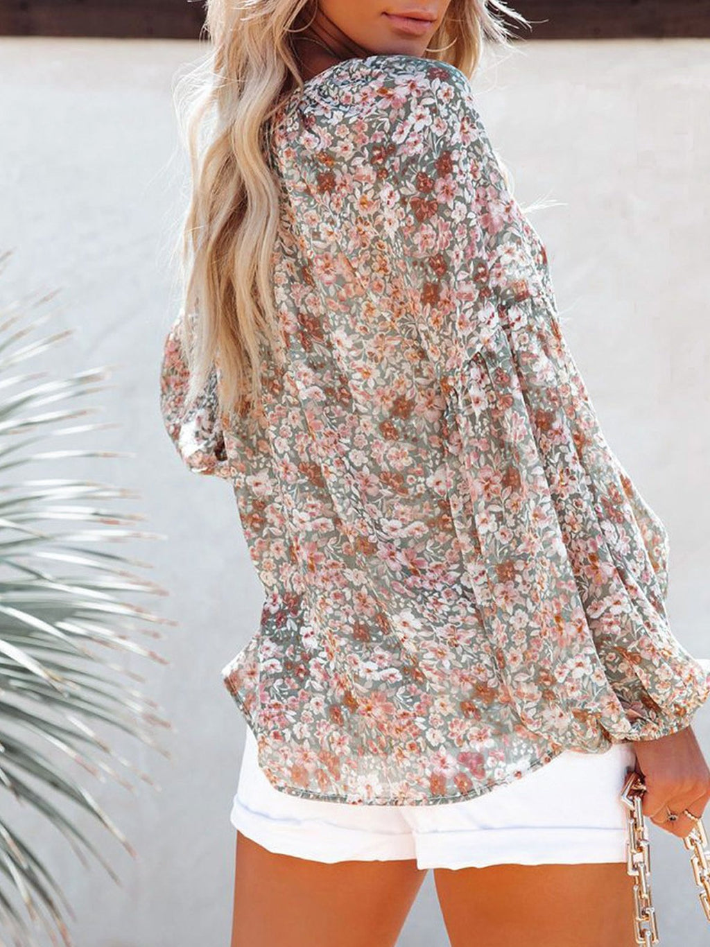 Women's Long Sleeve Shirt Spring/Fall Green Floral Split Joint V Neck Balloon Sleeve Daily Going Out Casual Top