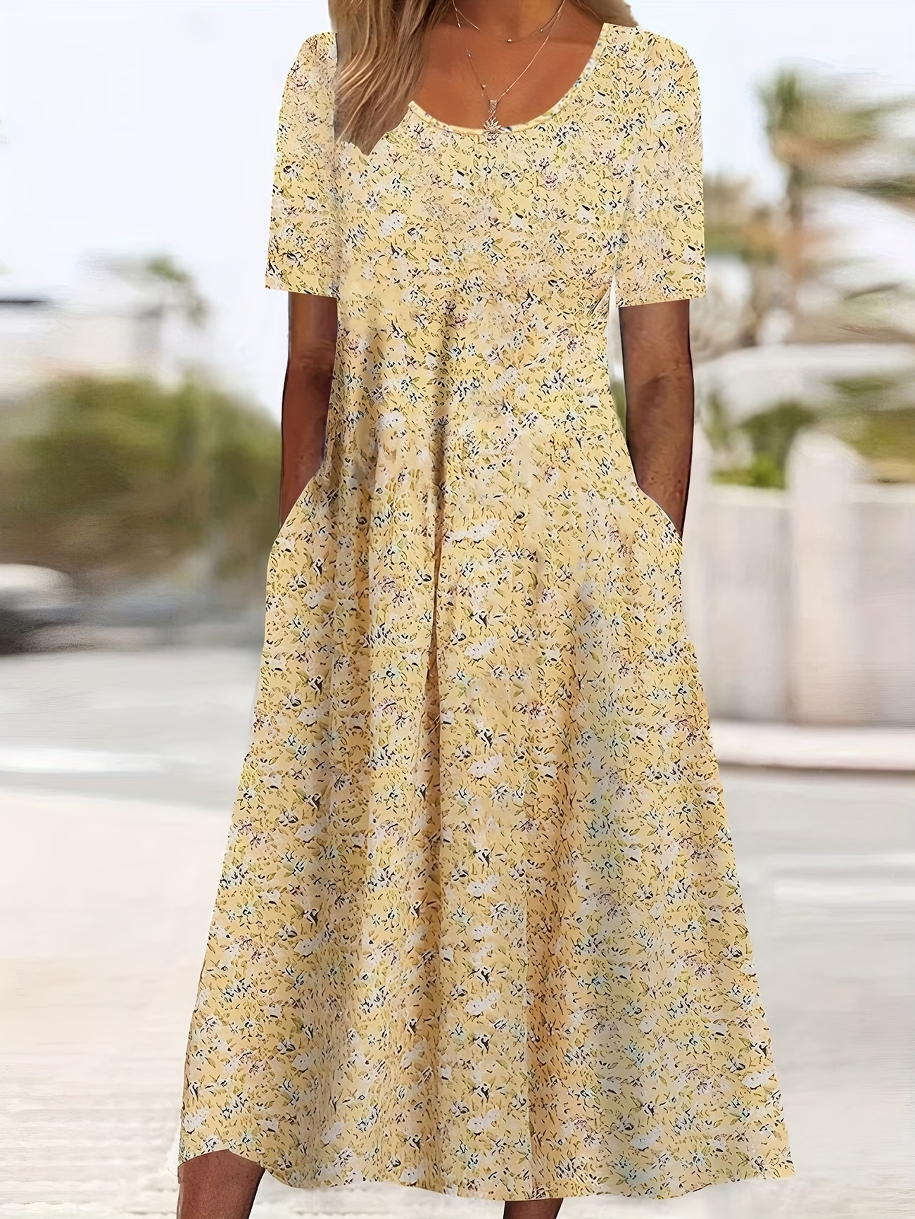 Women's Short Sleeve Summer Yellow Floral Printing Crew Neck Daily Going Out Casual Maxi H-Line Shift Dress Dress