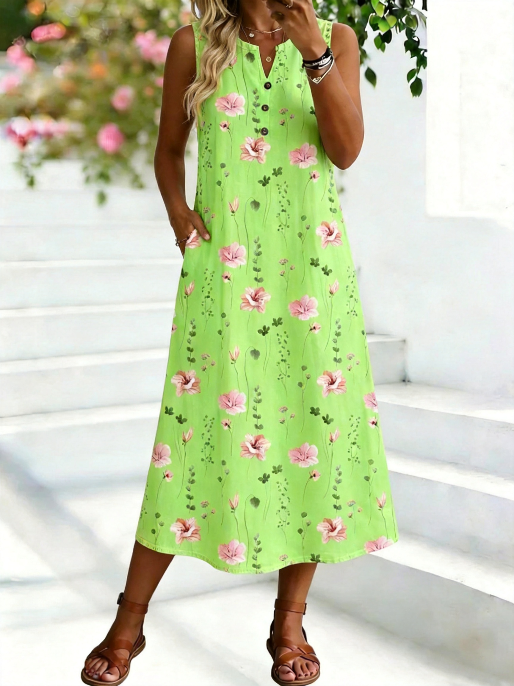 Loose Buckle Botanical Pattern Casual Dress With No